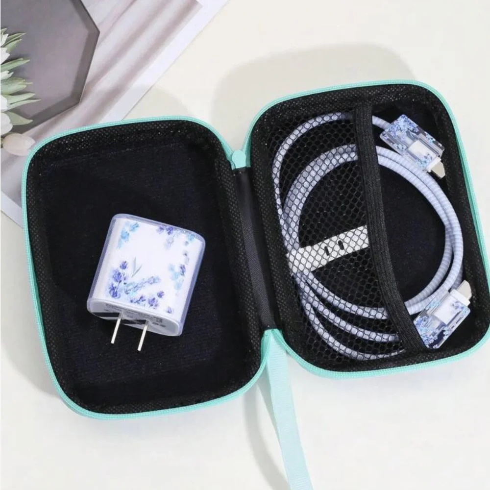 6pcs Floral Pattern TPU Data Cable Protector & Charger Head Cover & Storage Bag
